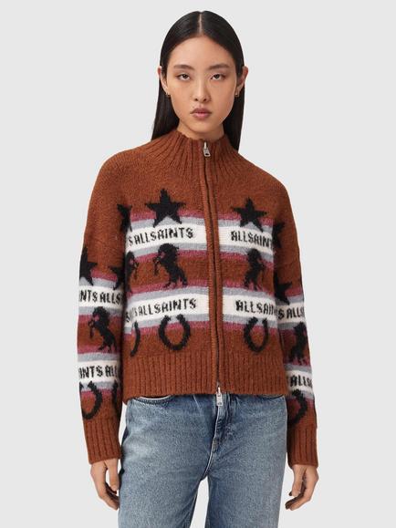 AllSaints Epona Stripe Cardigan, Cognac/Multi, Cognac/Multi