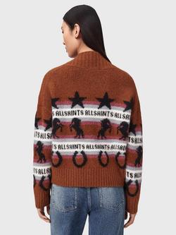 AllSaints Epona Stripe Cardigan, Cognac/Multi - view 2, Cognac/Multi