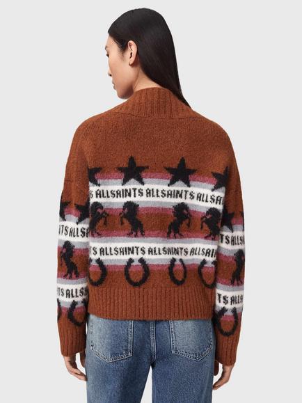 AllSaints Epona Stripe Cardigan, Cognac/Multi - view 2, Cognac/Multi