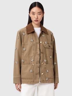 AllSaints Bex Floral Denim Jacket, Vintage Sand Brown, Vintage Sand Brown