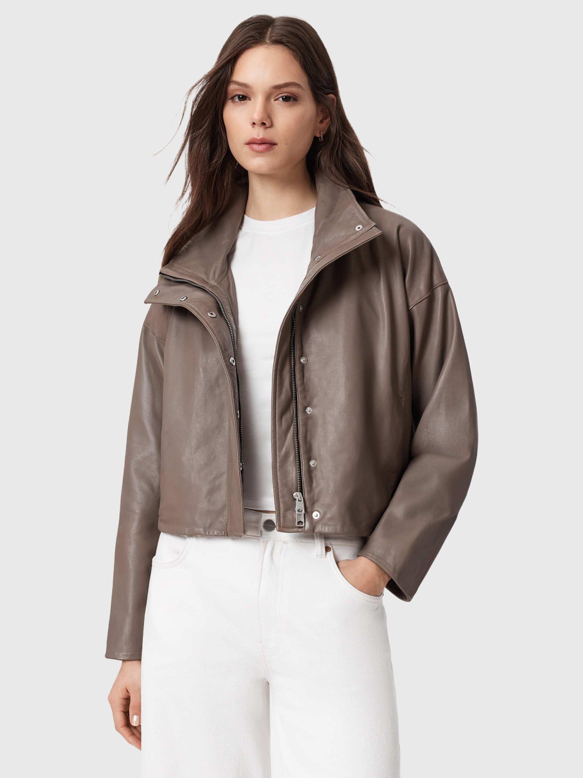 Product image 1 of 8, which shows AllSaints Ryder Pure Leather Jacket, Mocha Brown, L