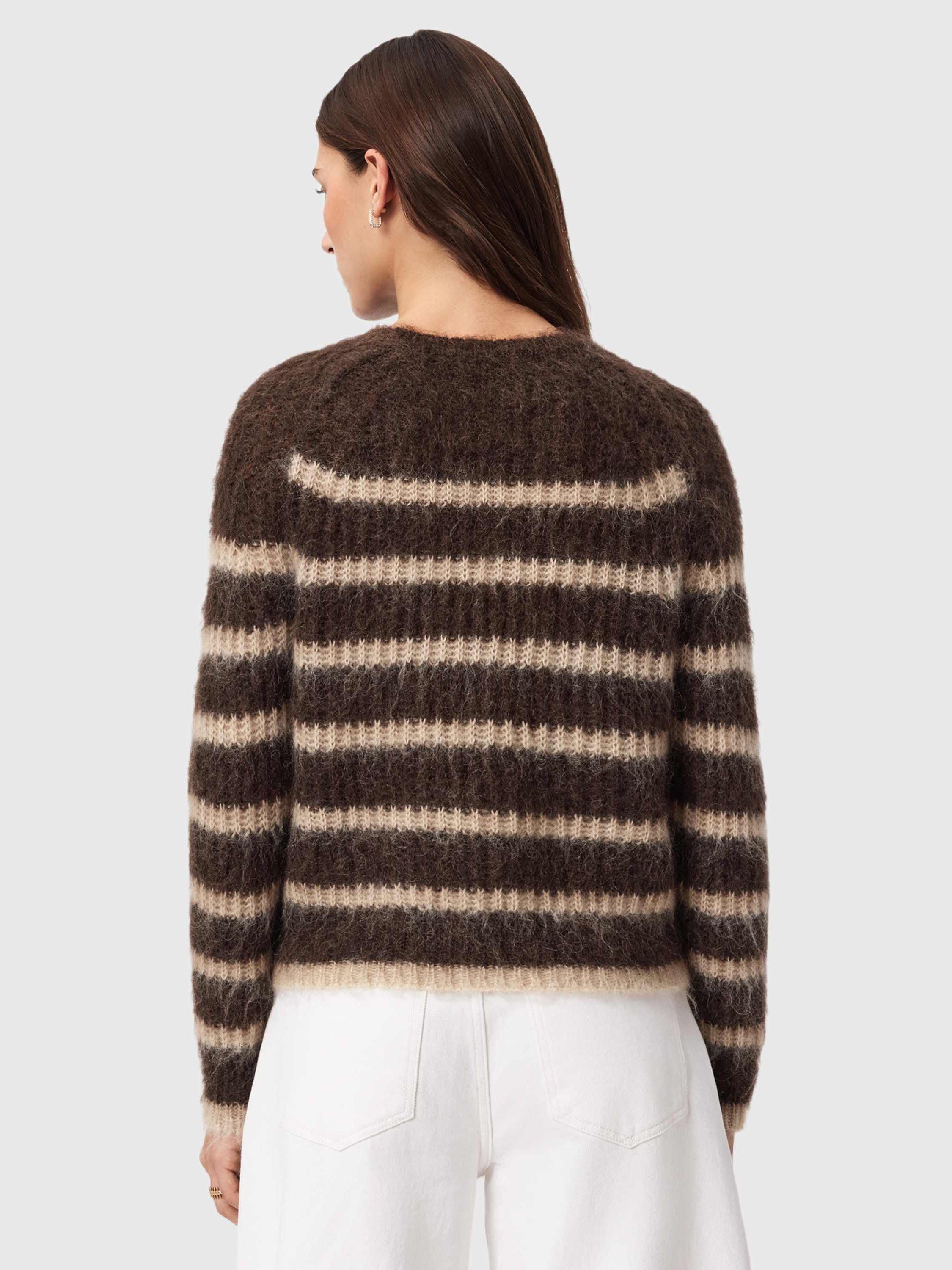 Product image 2 of 5, which shows AllSaints Riga Stripe Wool Rich Jumper, Brown/Multi, L
