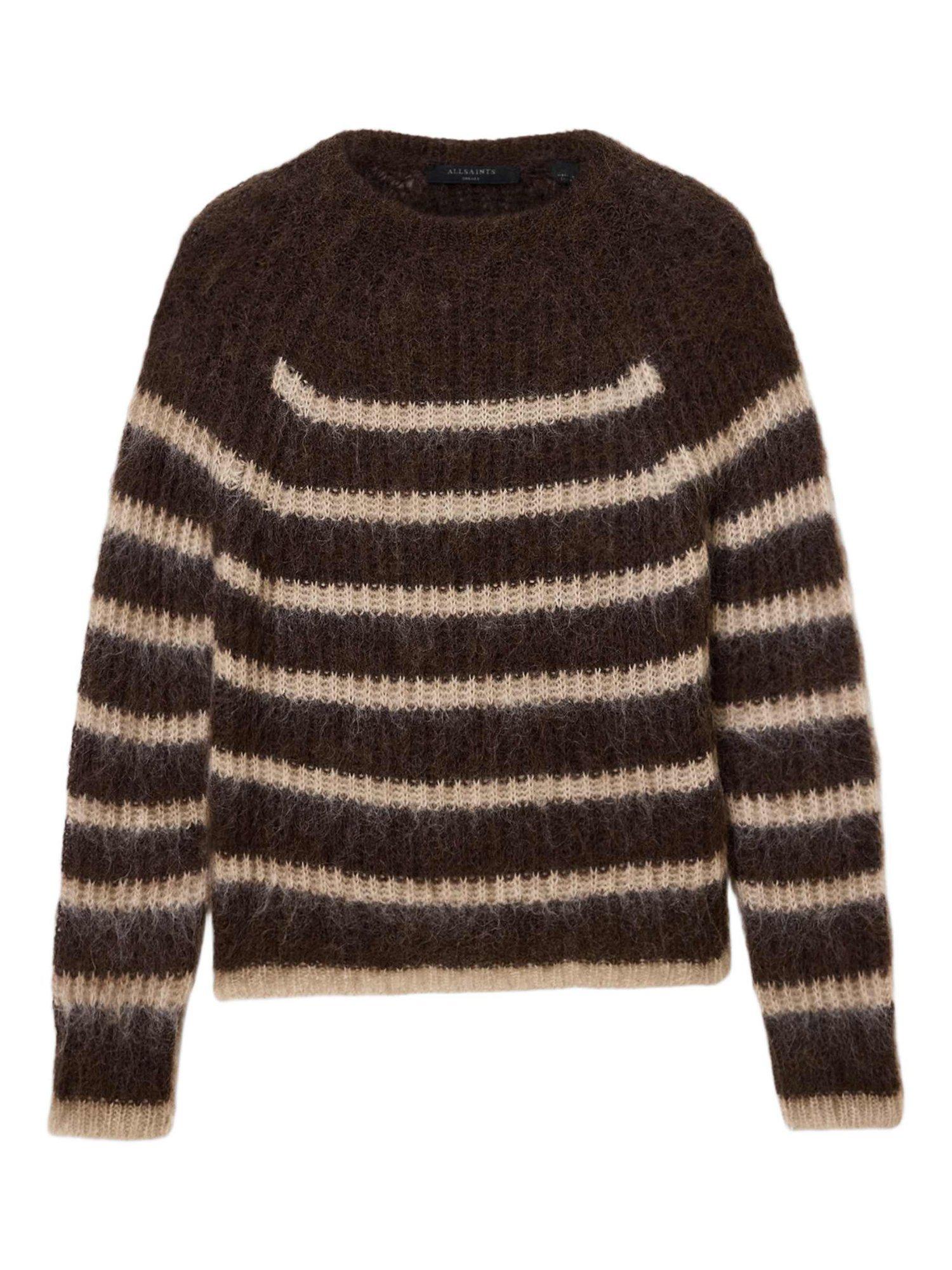 Product image 3 of 5, which shows AllSaints Riga Stripe Wool Rich Jumper, Brown/Multi, L