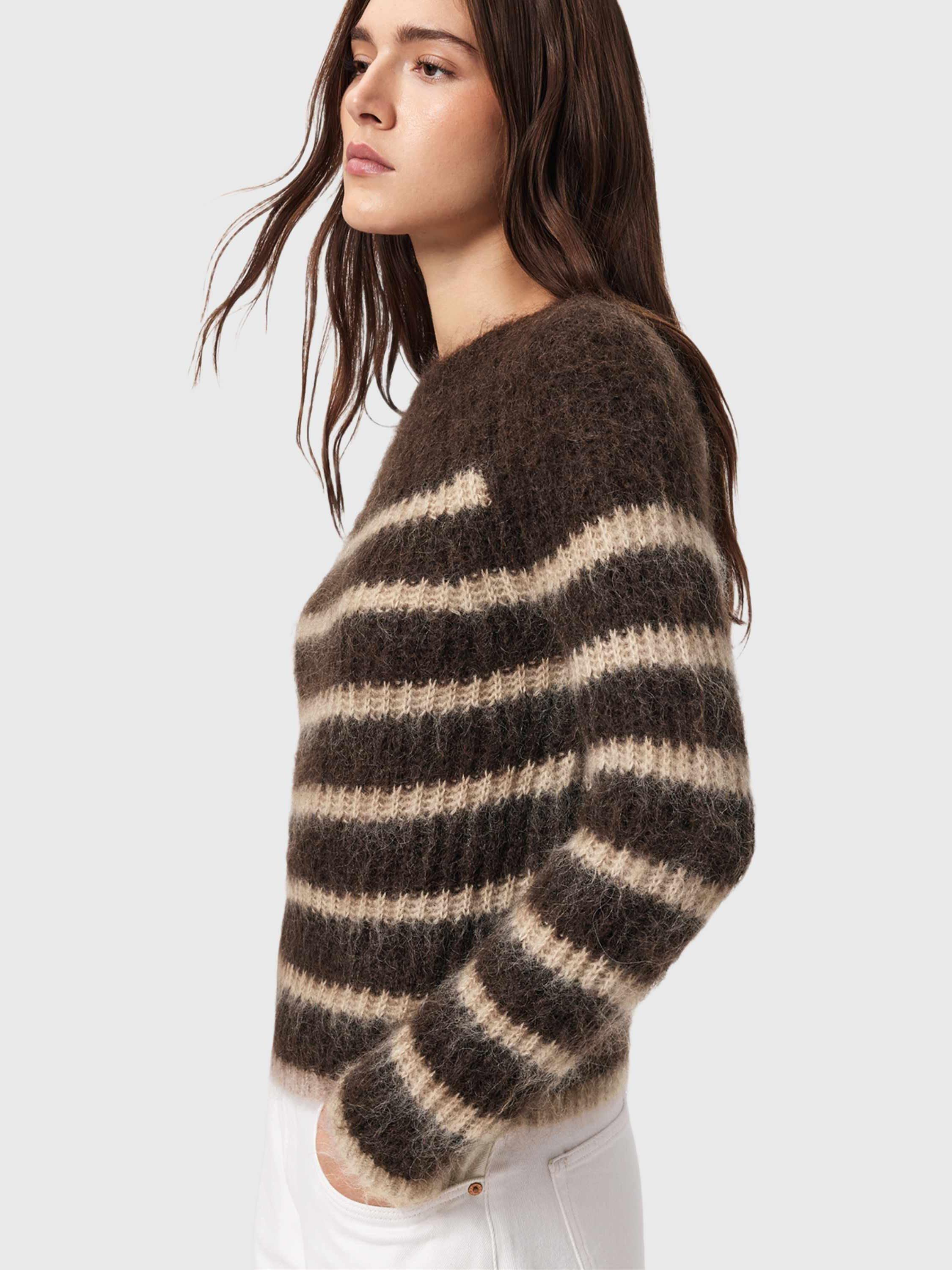 Product image 4 of 5, which shows AllSaints Riga Stripe Wool Rich Jumper, Brown/Multi, L