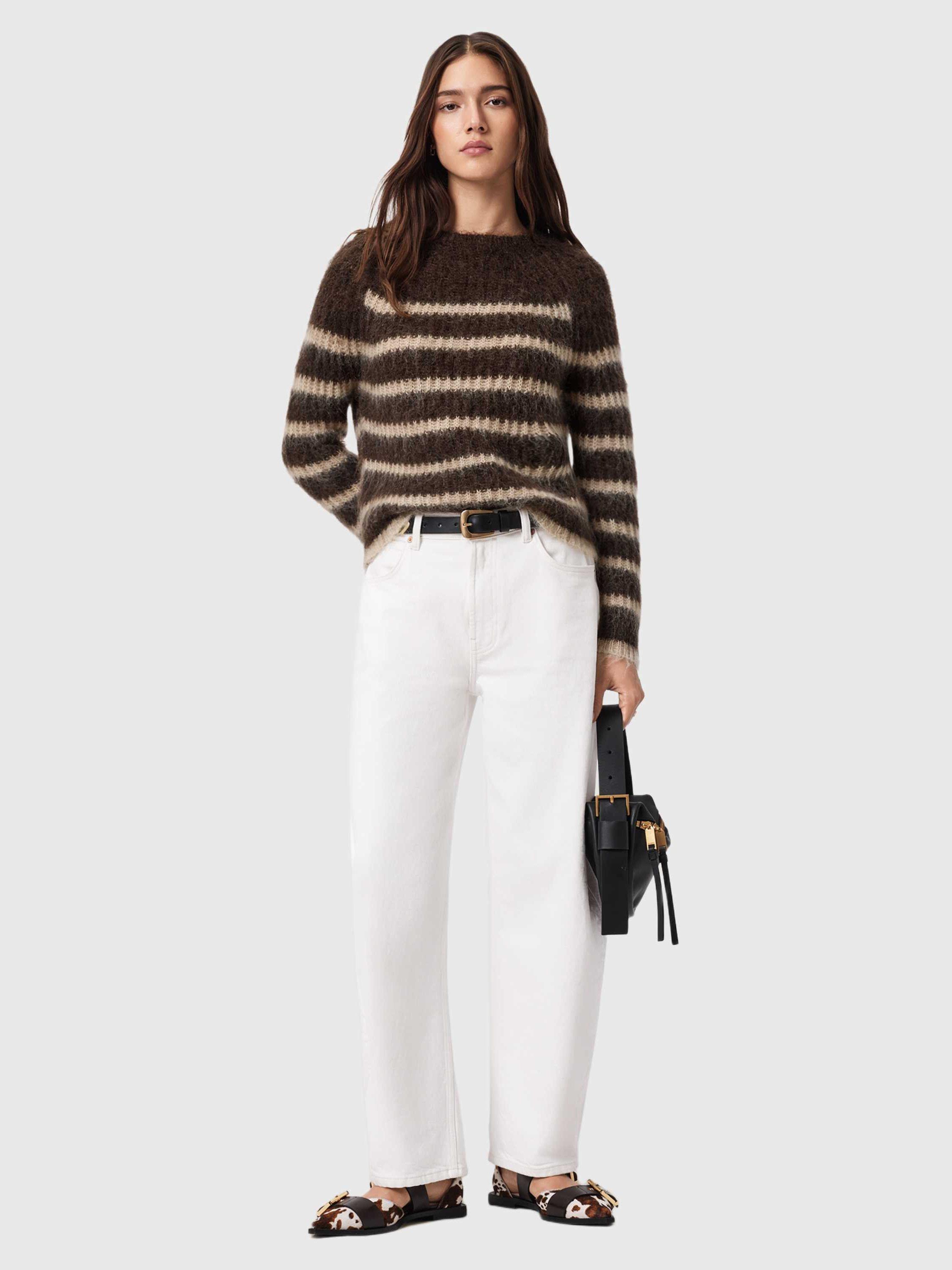 Product image 5 of 5, which shows AllSaints Riga Stripe Wool Rich Jumper, Brown/Multi, L