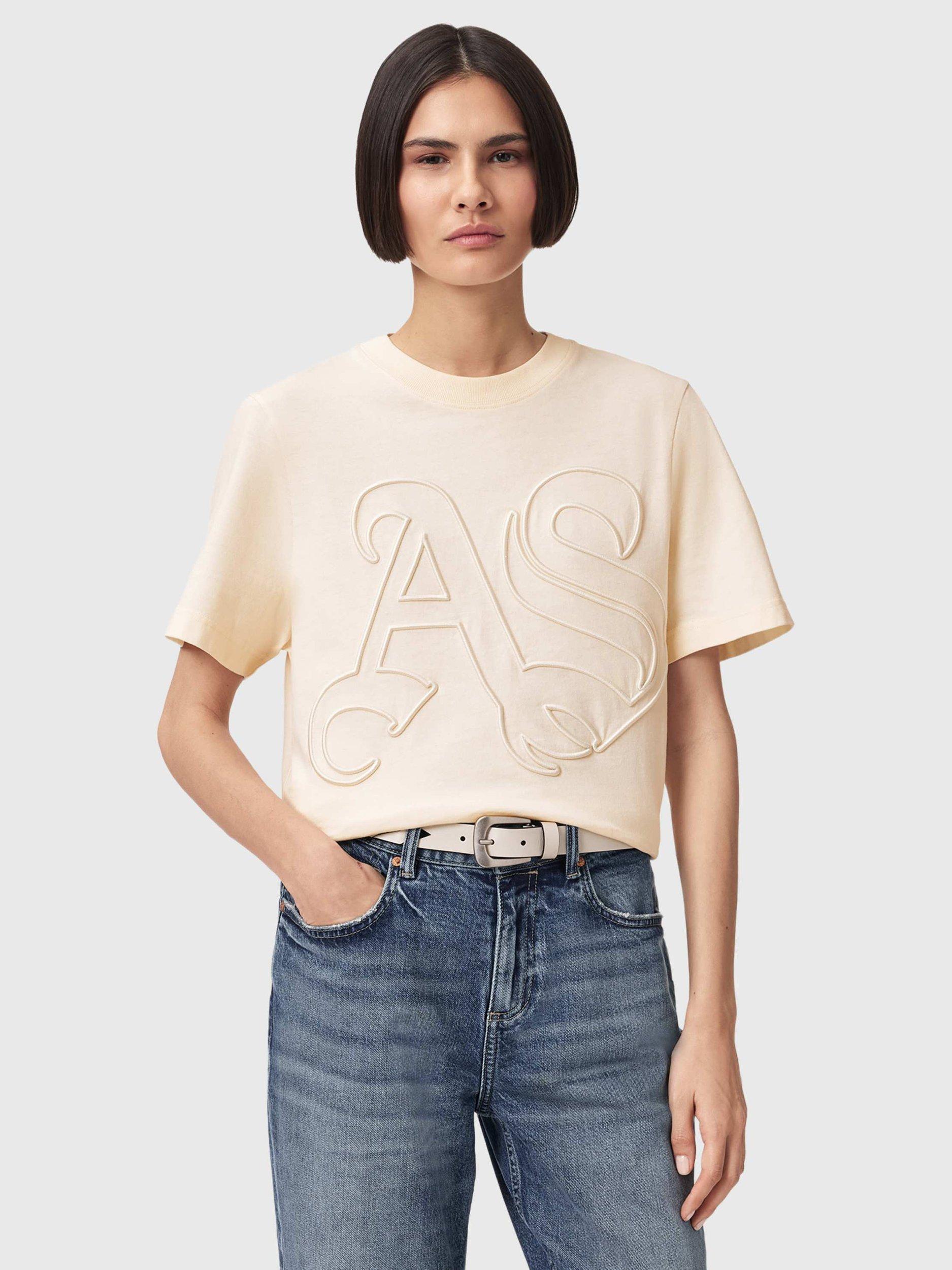 Product image 1 of 7, which shows AllSaints Lisa Embossed T-Shirt, Pebble White, L