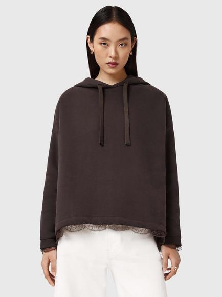 AllSaints Nia Lace Trim Hoodie, Bottle Brown, Bottle Brown