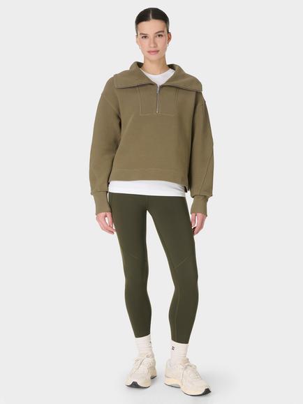 Sweaty Betty Peaceful Rib Half Zip Cropped Sweatshirt, Khaki - view 2, Khaki