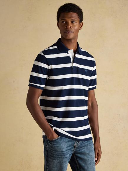 Joules Woody Cotton Regular Fit Short Sleeve Striped Polo Shirt, Navy/White, Navy/White