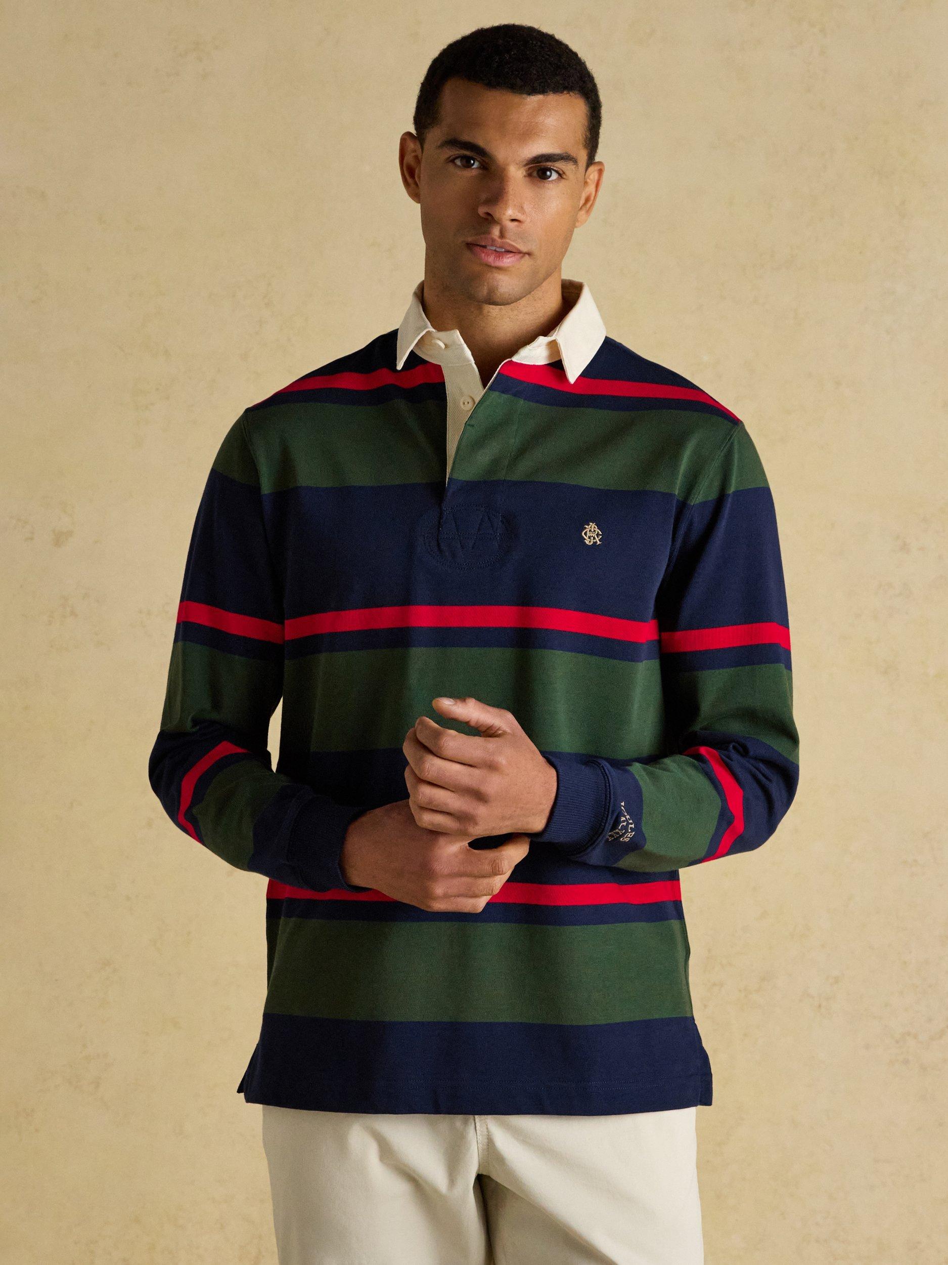 Joules Onside Rugby Club Striped Cotton Rugby Shirt, Blue/Green