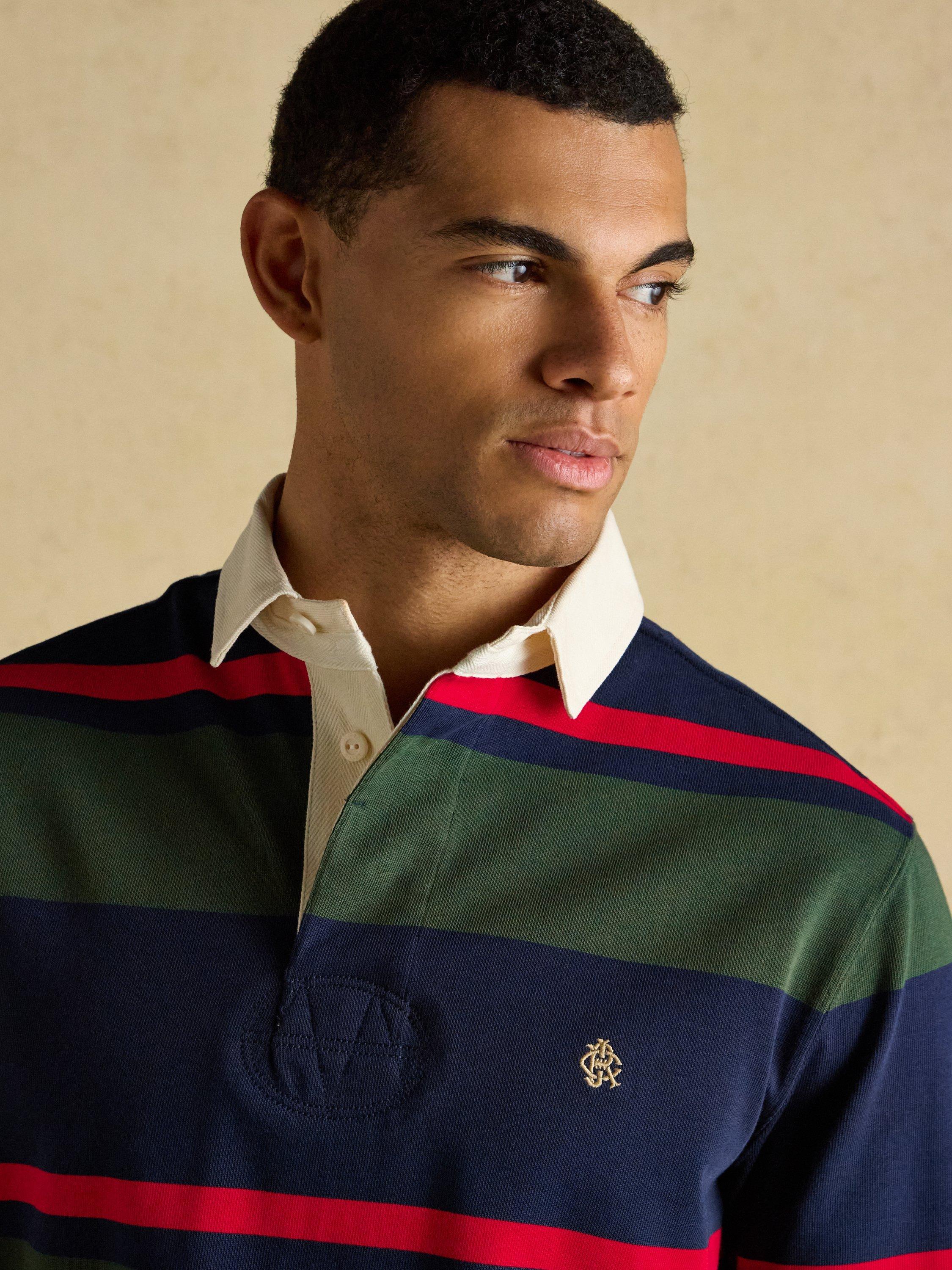 Joules Onside Rugby Club Striped Cotton Rugby Shirt, Blue/Green