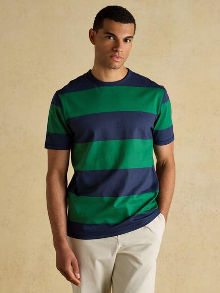 Joules Cotton Regular Fit Short Sleeve Stripe T-Shirt, Green/Navy