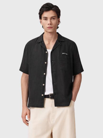 AllSaints Portman Short Sleeve Linen Shirt, Black, Black
