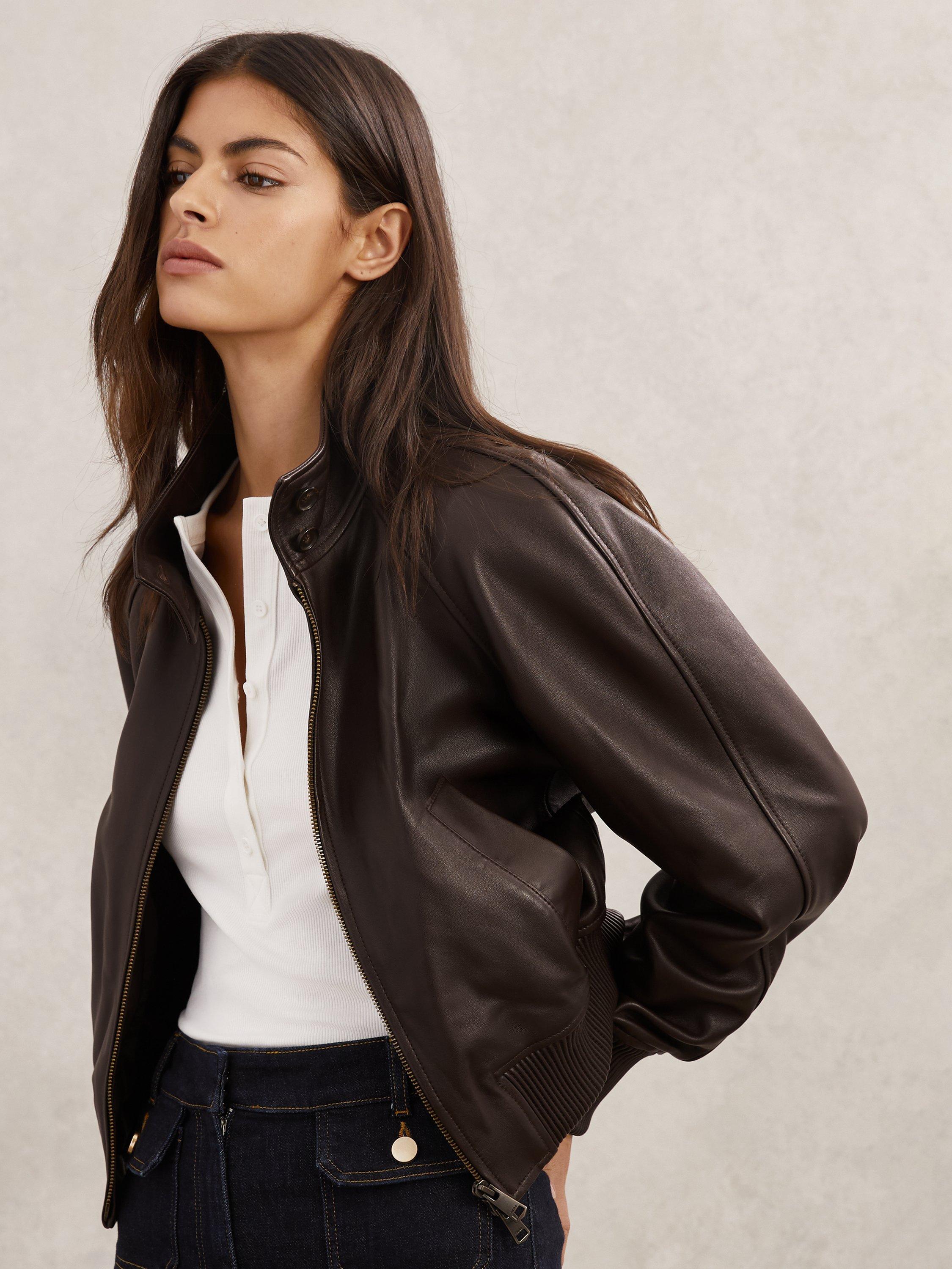 Product image 1 of 5, which shows Reiss Eloise Funnel Neck Leather Bomber Jacket, Chocolate Brown, 6