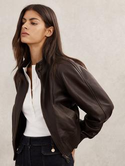 Reiss Eloise Funnel Neck Leather Bomber JacketReiss, Chocolate Brown