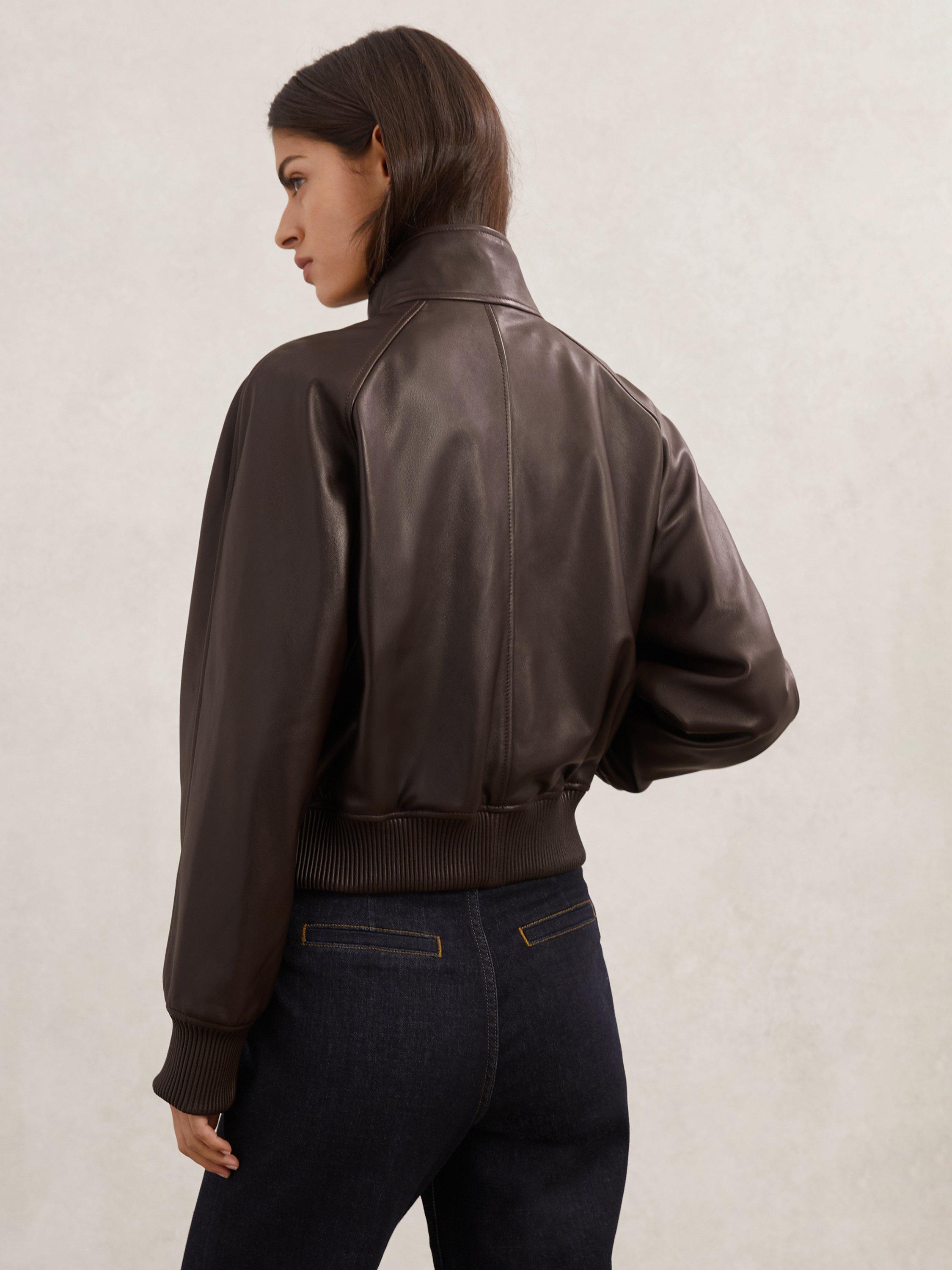 Product image 2 of 5, which shows Reiss Eloise Funnel Neck Leather Bomber Jacket, Chocolate Brown, 6