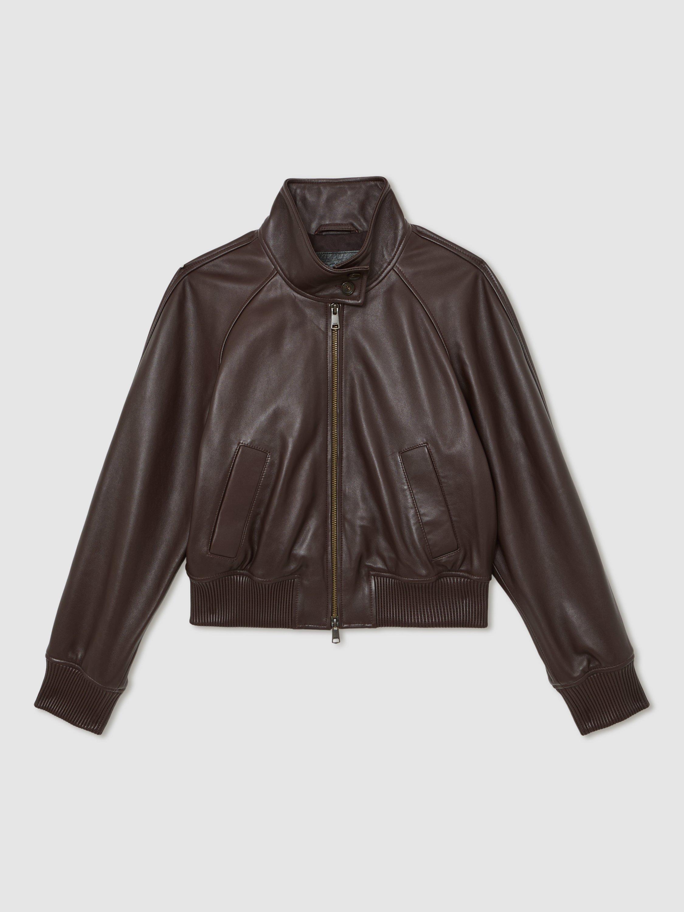 Product image 3 of 5, which shows Reiss Eloise Funnel Neck Leather Bomber Jacket, Chocolate Brown, 6
