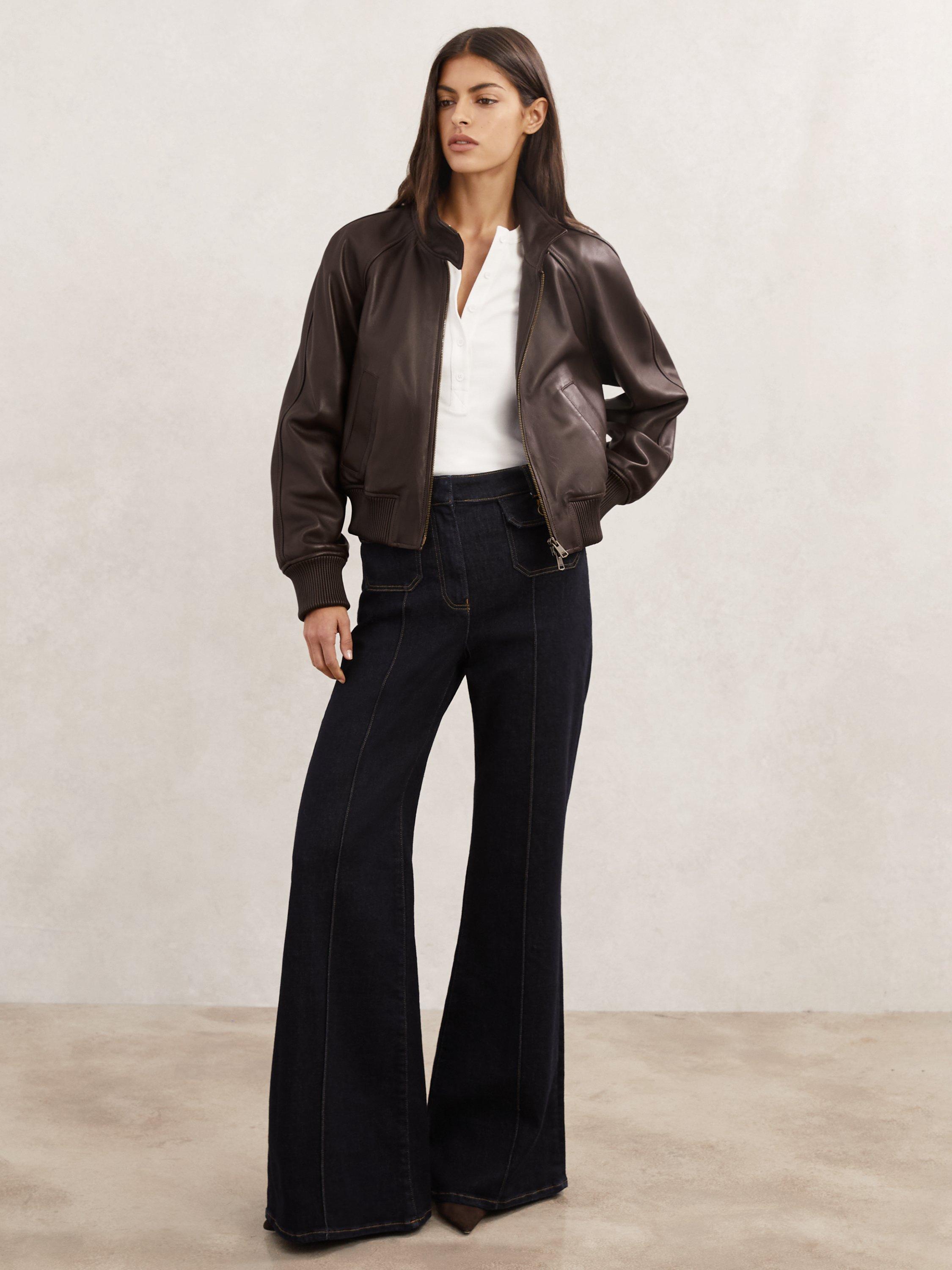 Product image 4 of 5, which shows Reiss Eloise Funnel Neck Leather Bomber Jacket, Chocolate Brown, 6