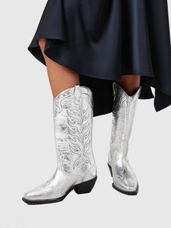 AllSaints Dolly Western Leather Boots, Silver - view 2, Silver