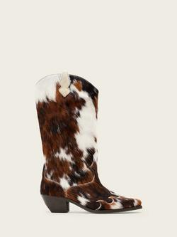 AllSaints Dolly Western Cow Print Leather Boots, White/Multi, White/Multi