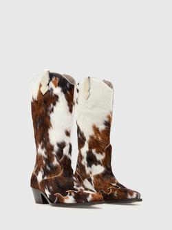 AllSaints Dolly Western Cow Print Leather Boots, White/Multi - view 2, White/Multi