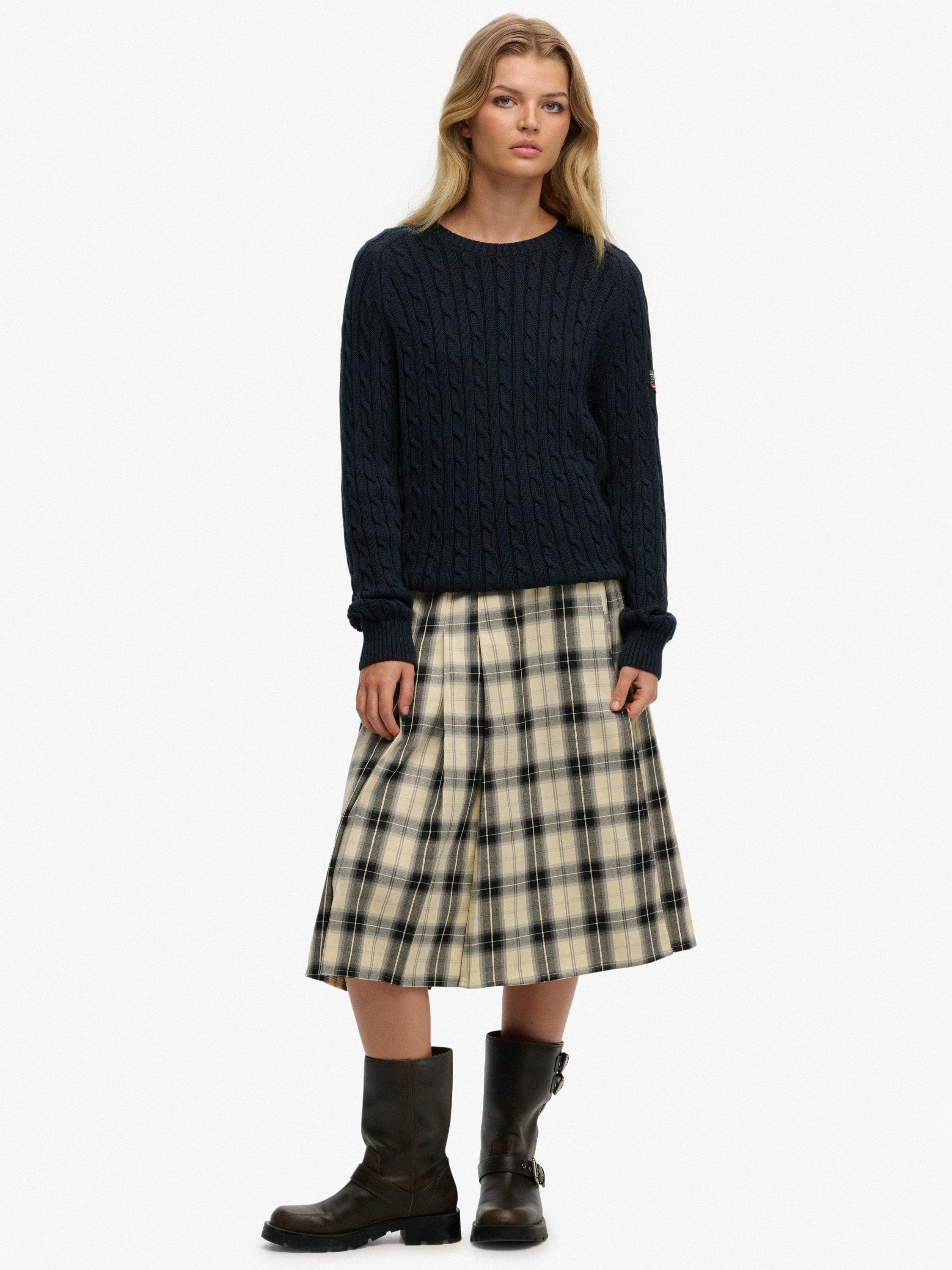 Product image 1 of 6, which shows Superdry Check Pleated Midi Skirt, Cream/Black Check, 12