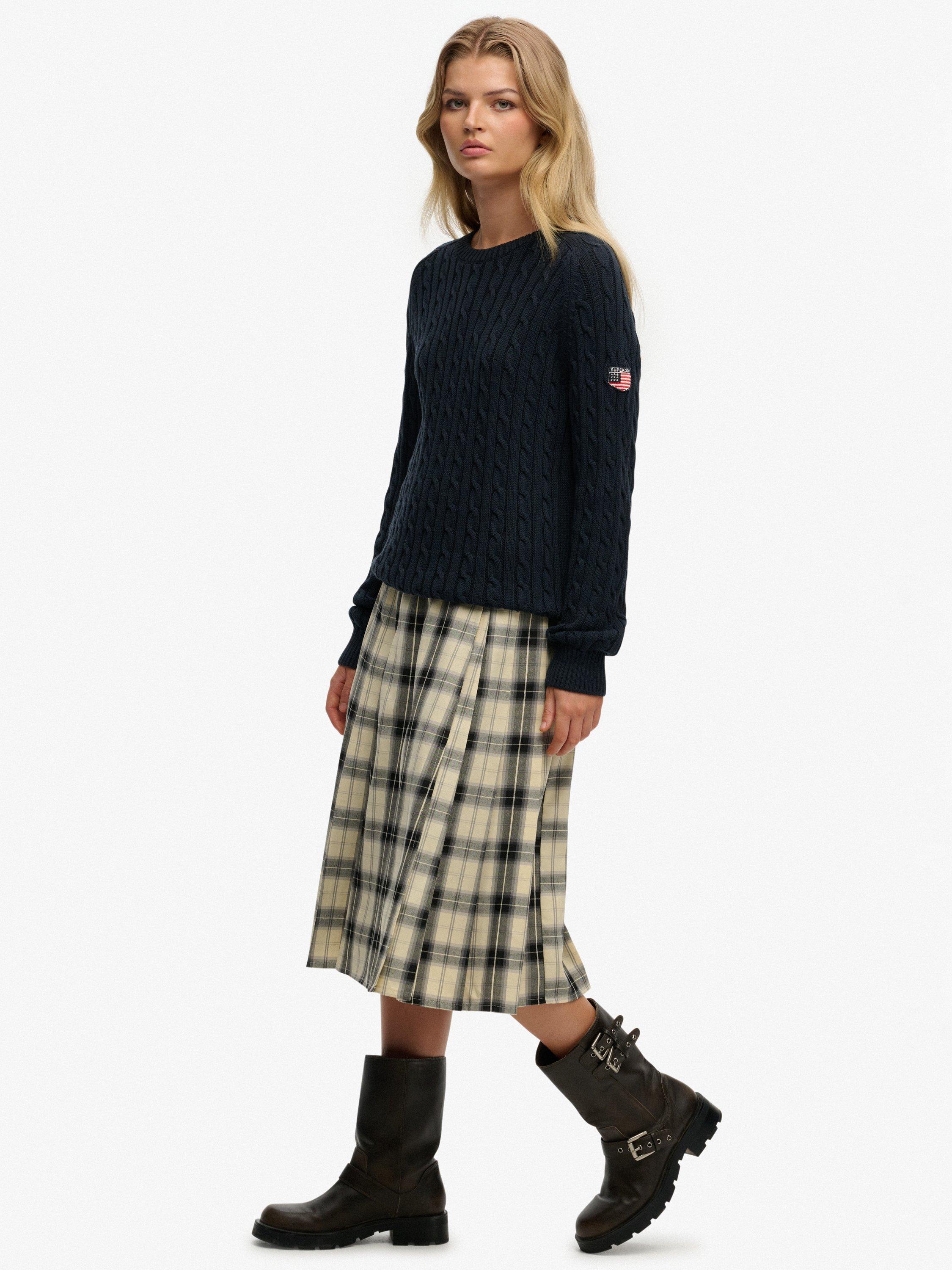 Product image 3 of 6, which shows Superdry Check Pleated Midi Skirt, Cream/Black Check, 12