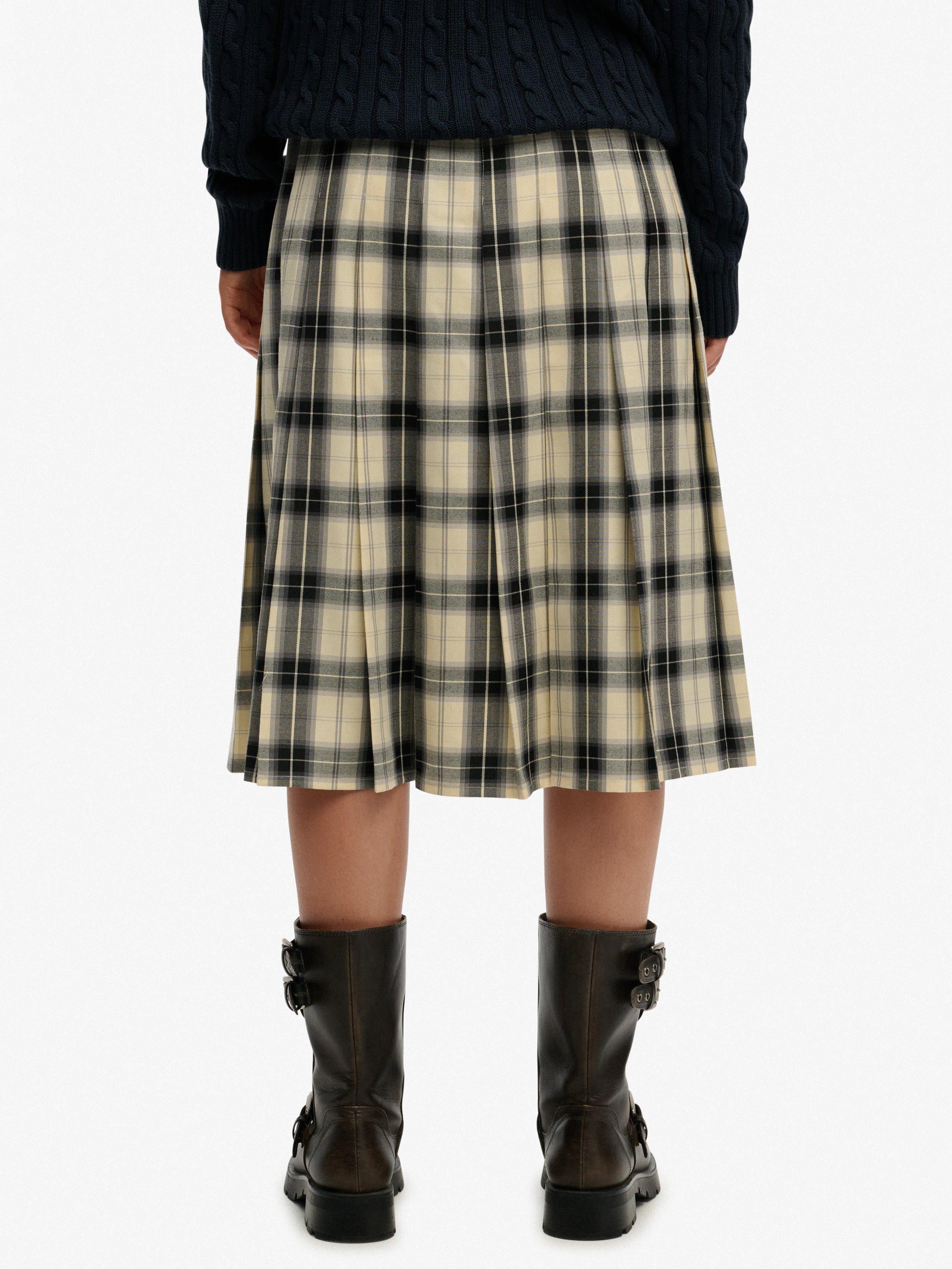 Product image 4 of 6, which shows Superdry Check Pleated Midi Skirt, Cream/Black Check, 12