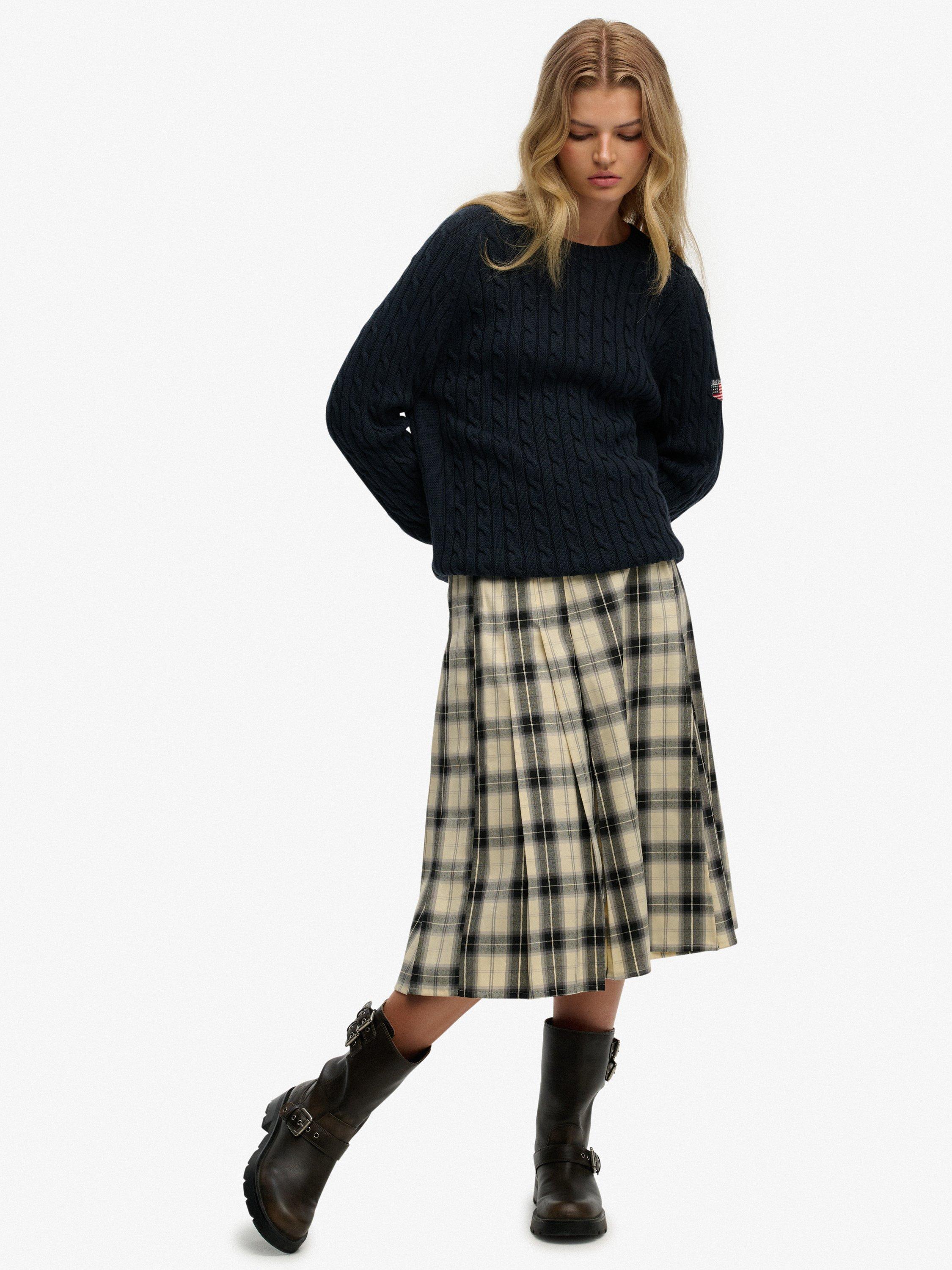 Product image 5 of 6, which shows Superdry Check Pleated Midi Skirt, Cream/Black Check, 12