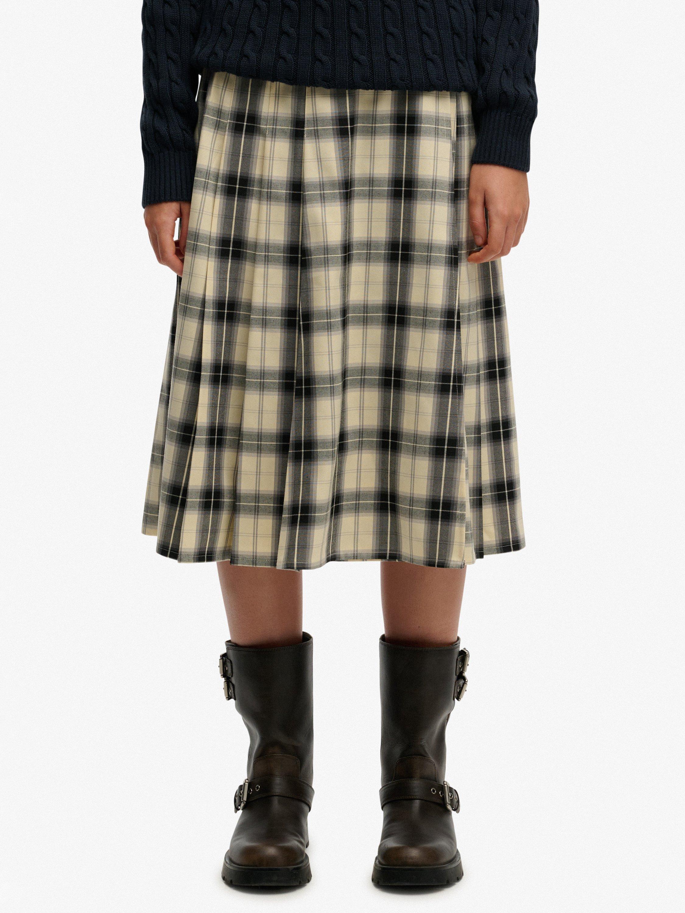 Product image 6 of 6, which shows Superdry Check Pleated Midi Skirt, Cream/Black Check, 12