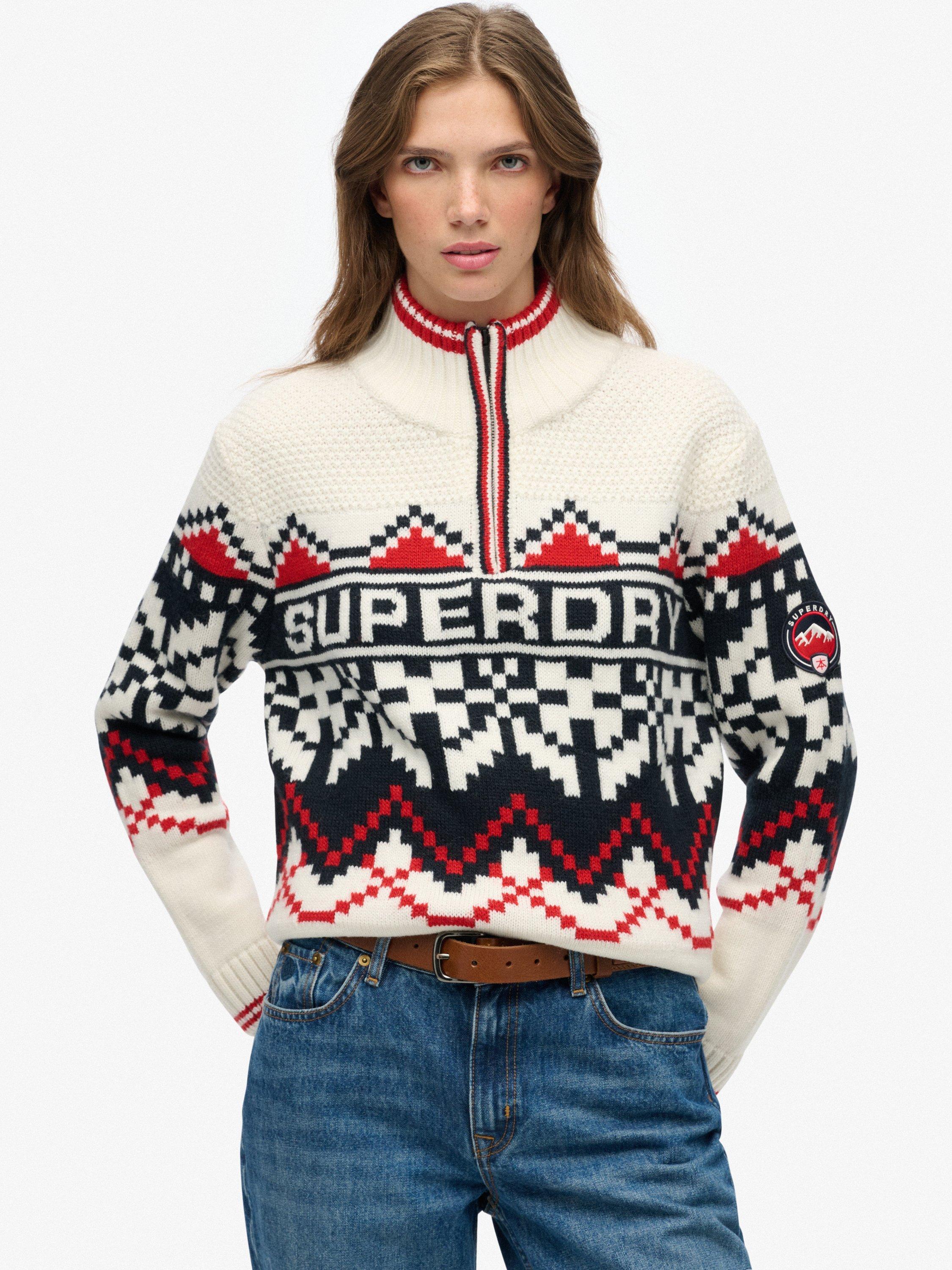 Product image 1 of 5, which shows Superdry Wool Blend Intarsia Half-Zip Jumper, Ecru/Multi, 14