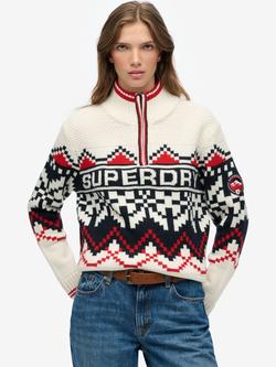 Superdry Wool Blend Intarsia Half-Zip Jumper, Ecru/Multi, Ecru/Multi