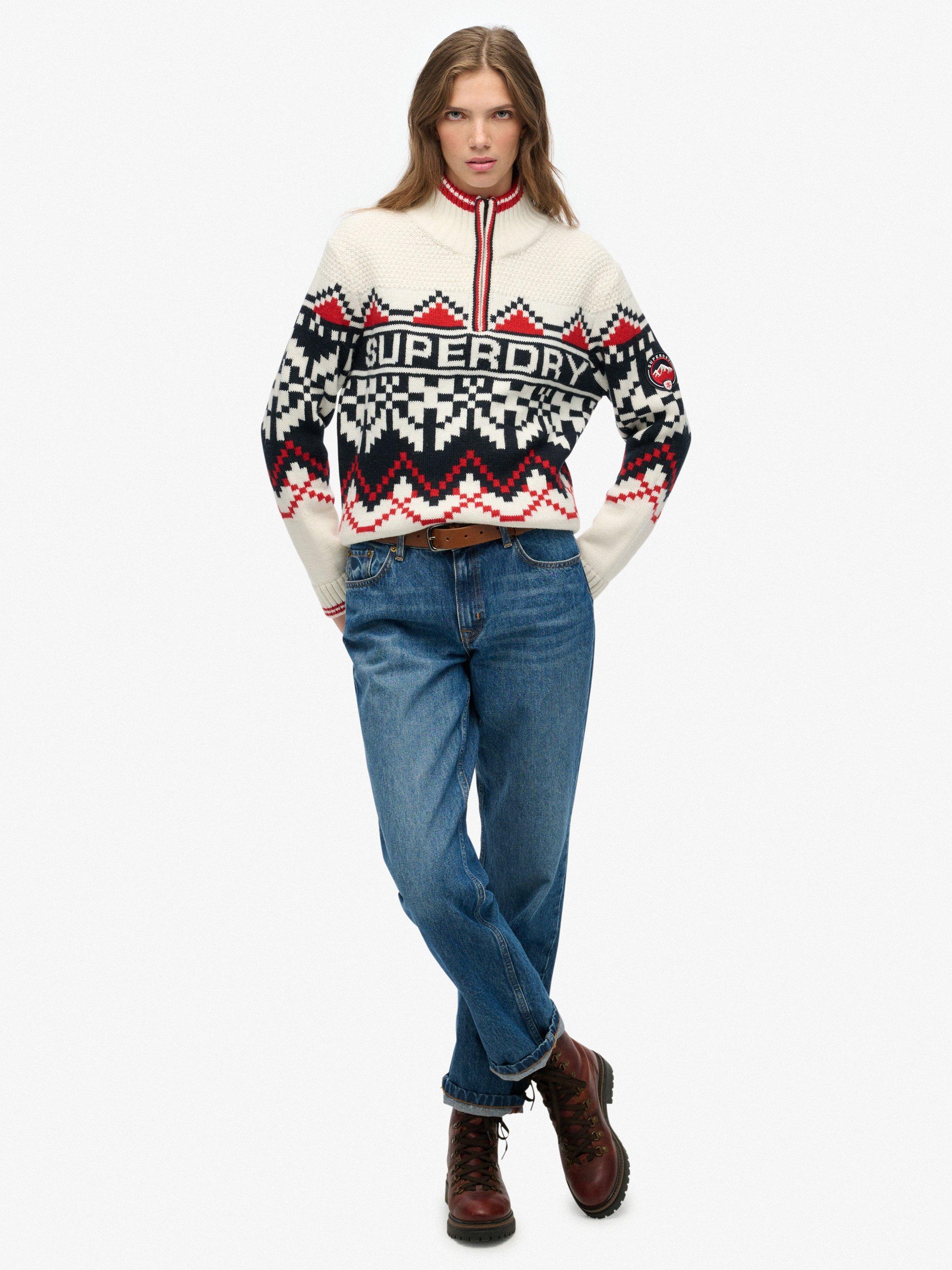 Product image 3 of 5, which shows Superdry Wool Blend Intarsia Half-Zip Jumper, Ecru/Multi, 14