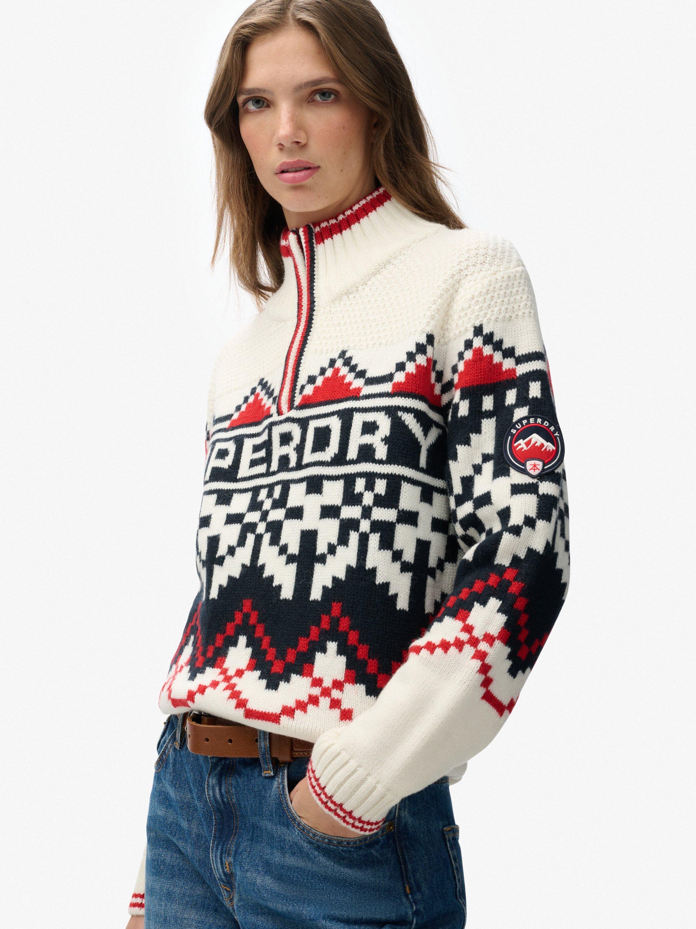 Product image 4 of 5, which shows Superdry Wool Blend Intarsia Half-Zip Jumper, Ecru/Multi, 14