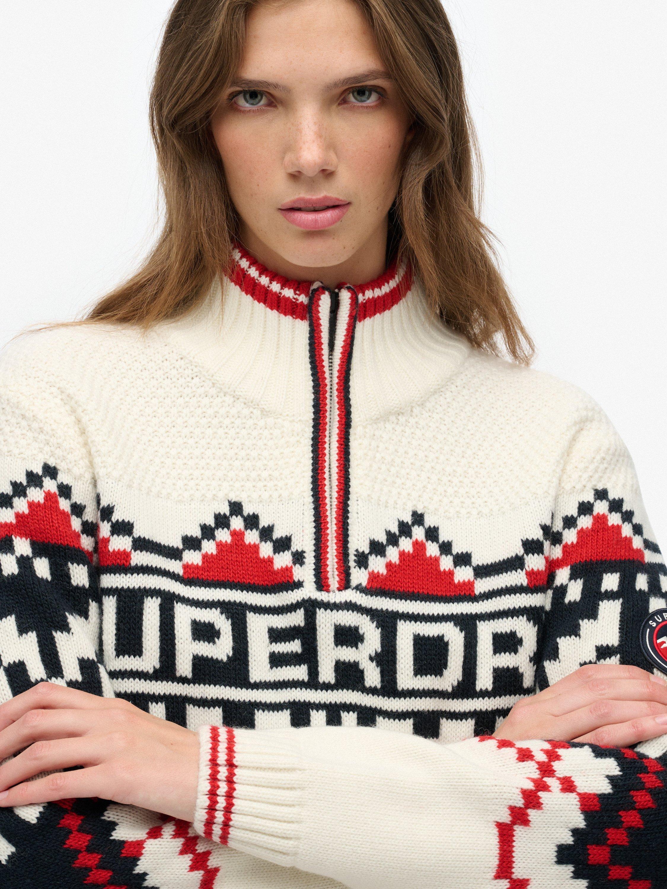 Product image 5 of 5, which shows Superdry Wool Blend Intarsia Half-Zip Jumper, Ecru/Multi, 14