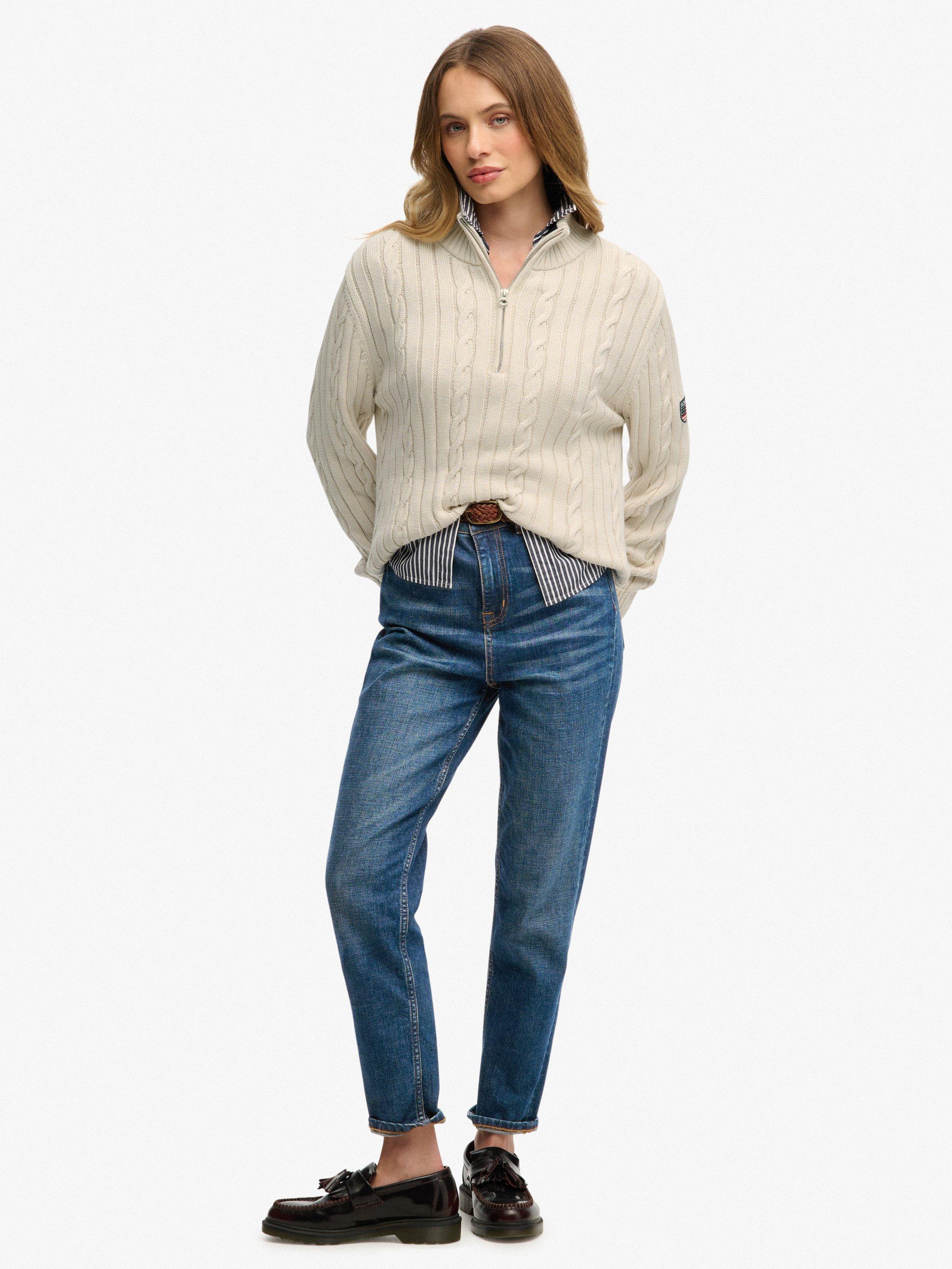 Product image 1 of 4, which shows Superdry 1/2 Zip Cable Knit Jumper, Oat Bran, 10