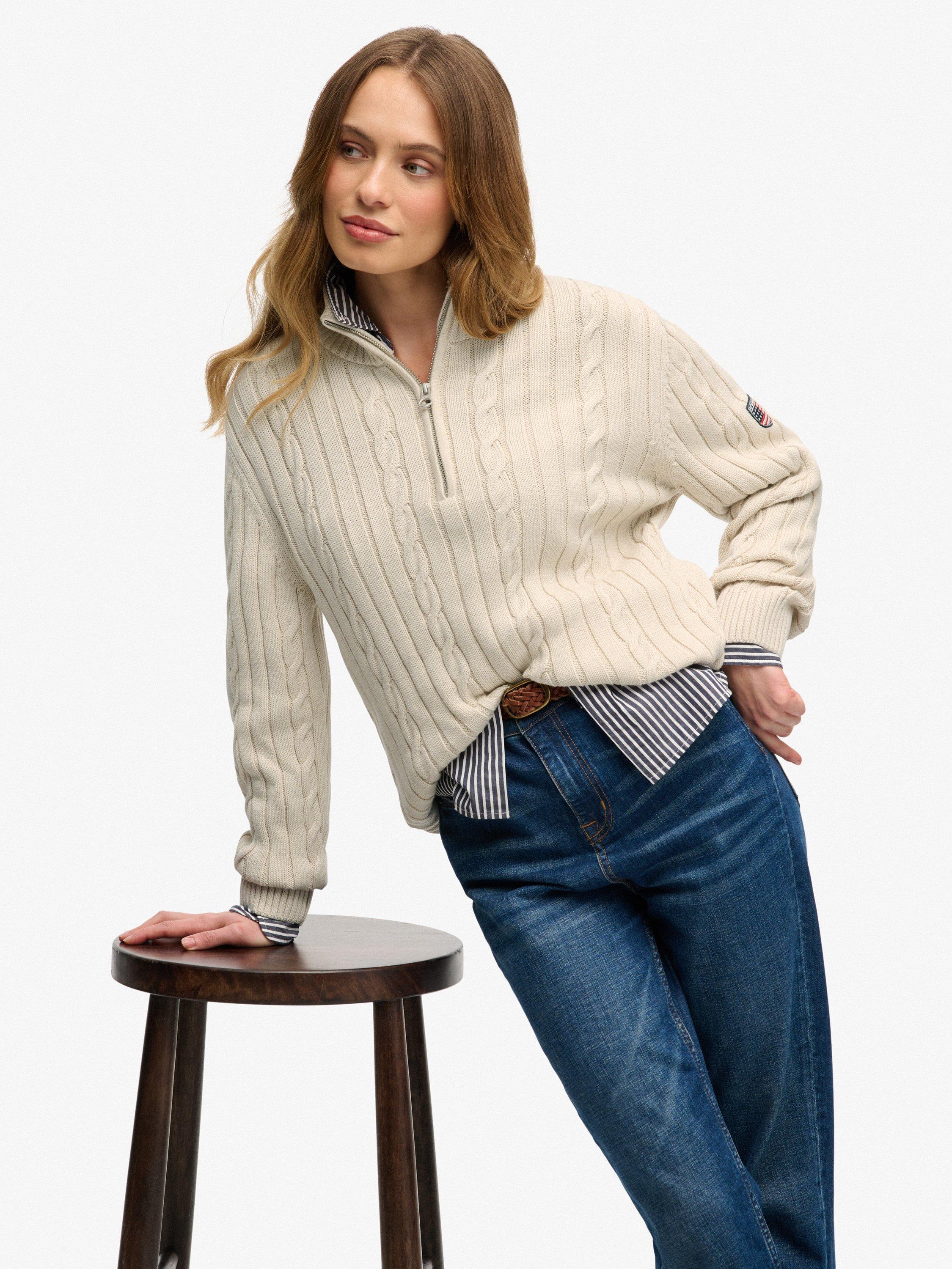 Product image 3 of 4, which shows Superdry 1/2 Zip Cable Knit Jumper, Oat Bran, 10