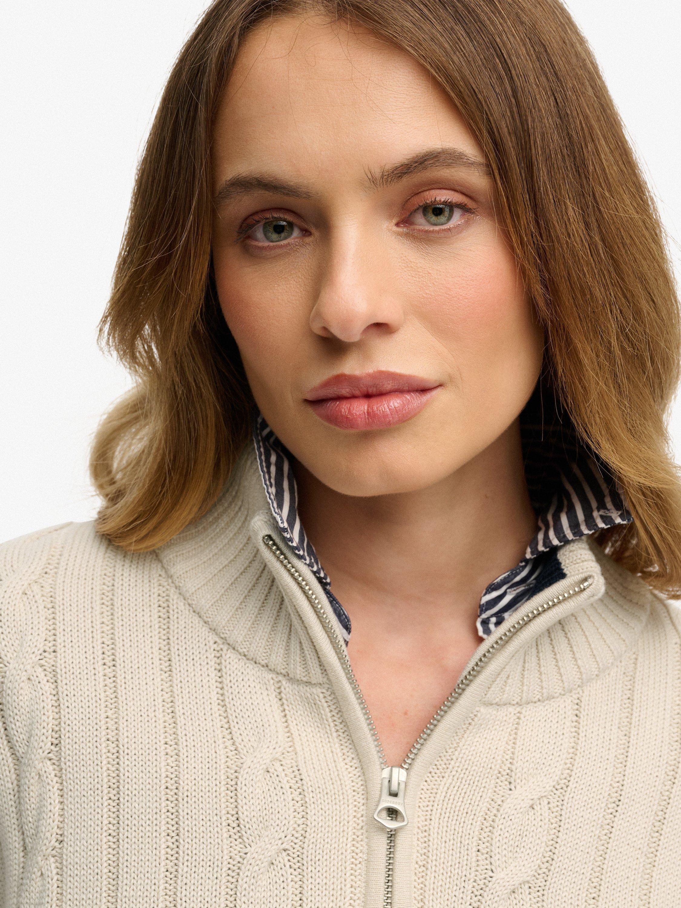 Product image 4 of 4, which shows Superdry 1/2 Zip Cable Knit Jumper, Oat Bran, 10