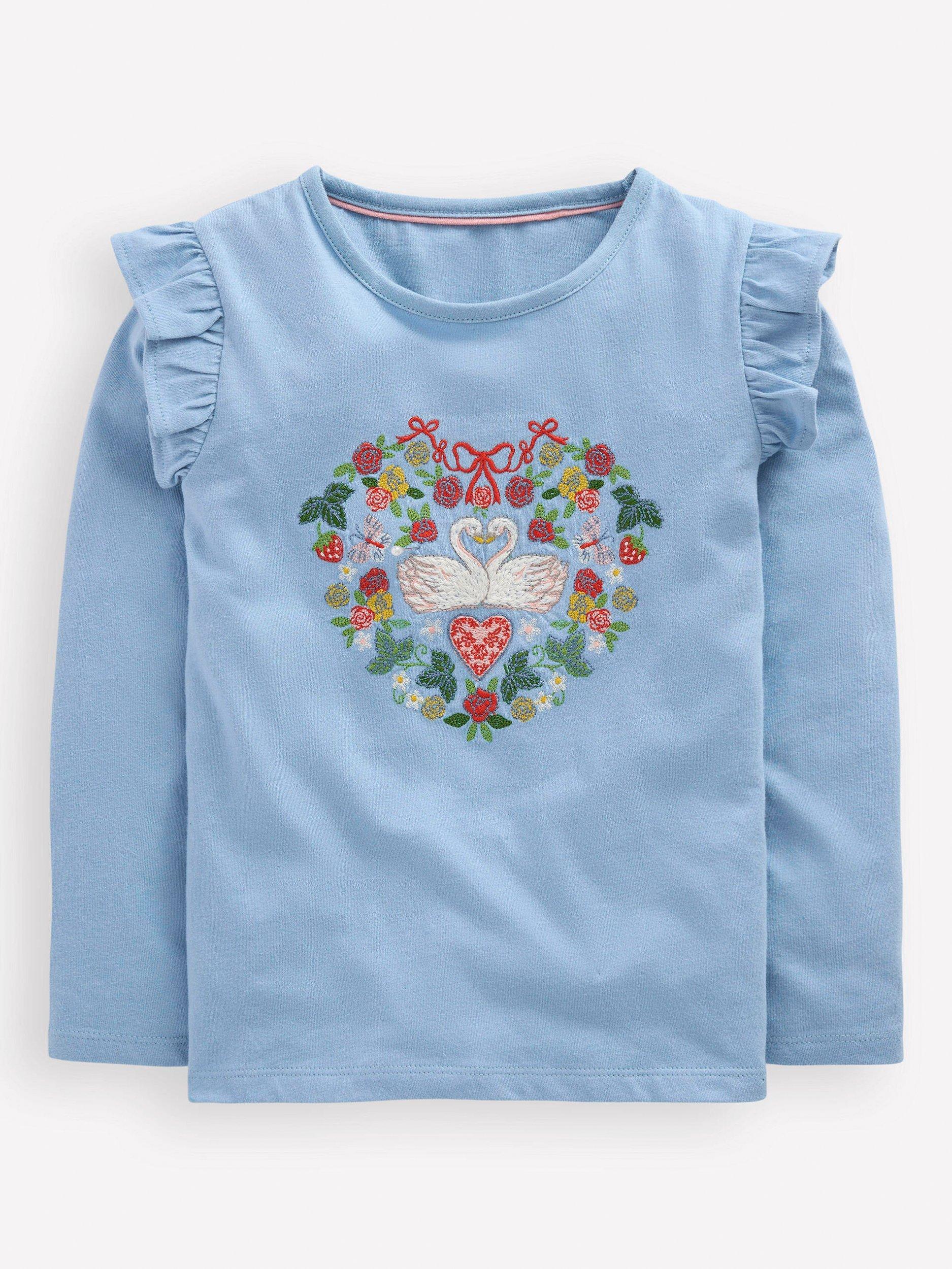 Product image 1 of 3, which shows Boden Kids' Frill Sleeve Applique Top, Blue, 2-3 years