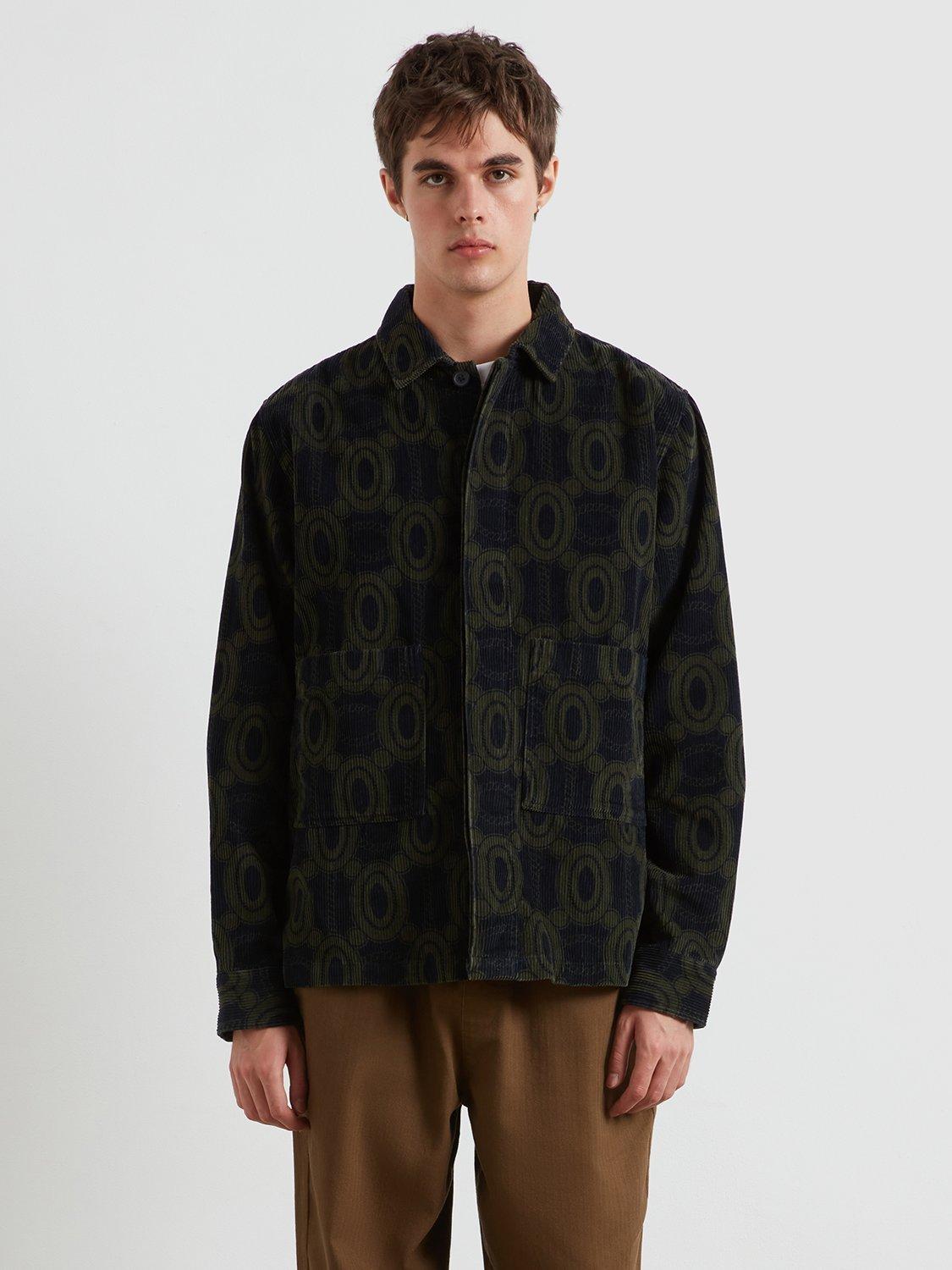 Product image 1 of 11, which shows Farah Stanley Geometric Corduroy Overshirt, True Navy/Multi, L