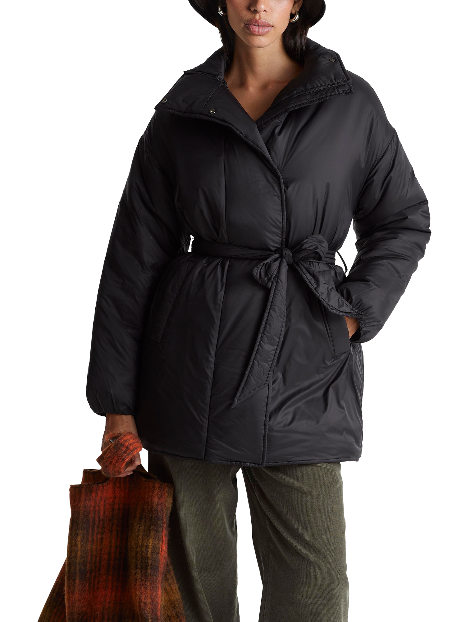 Product image 1 of 6, which shows Benetton Tie Waist Padded Jacket, Black, S