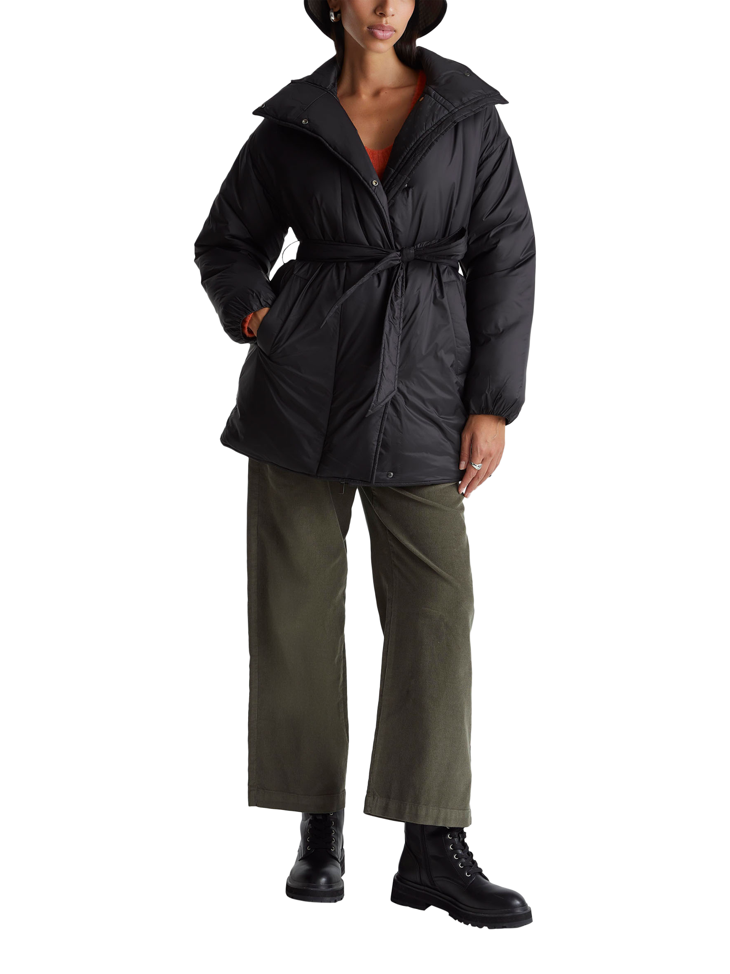 Product image 3 of 6, which shows Benetton Tie Waist Padded Jacket, Black, S