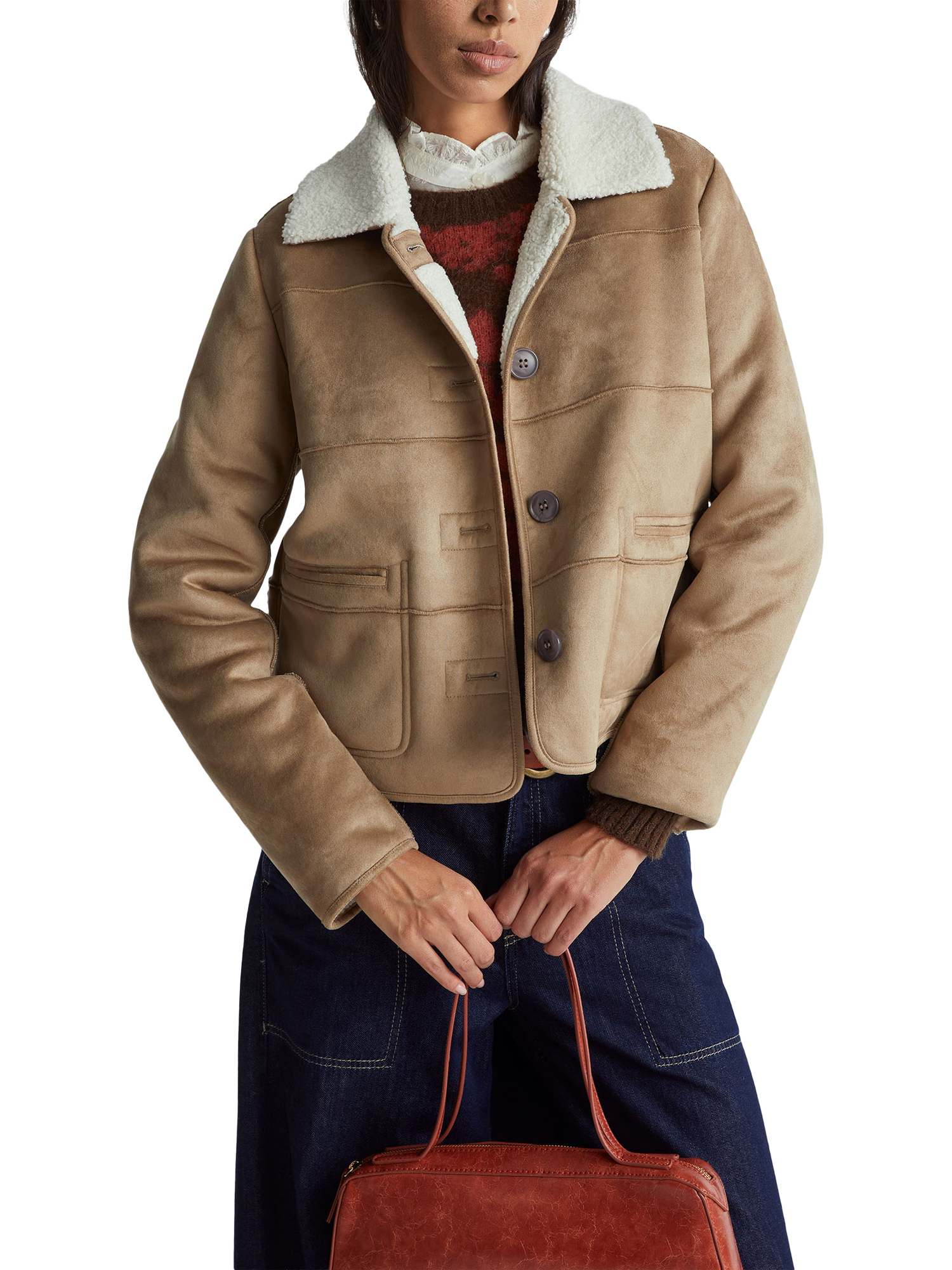 Product image 1 of 6, which shows Benetton Faux Suede Biker Jacket, Beige, XS