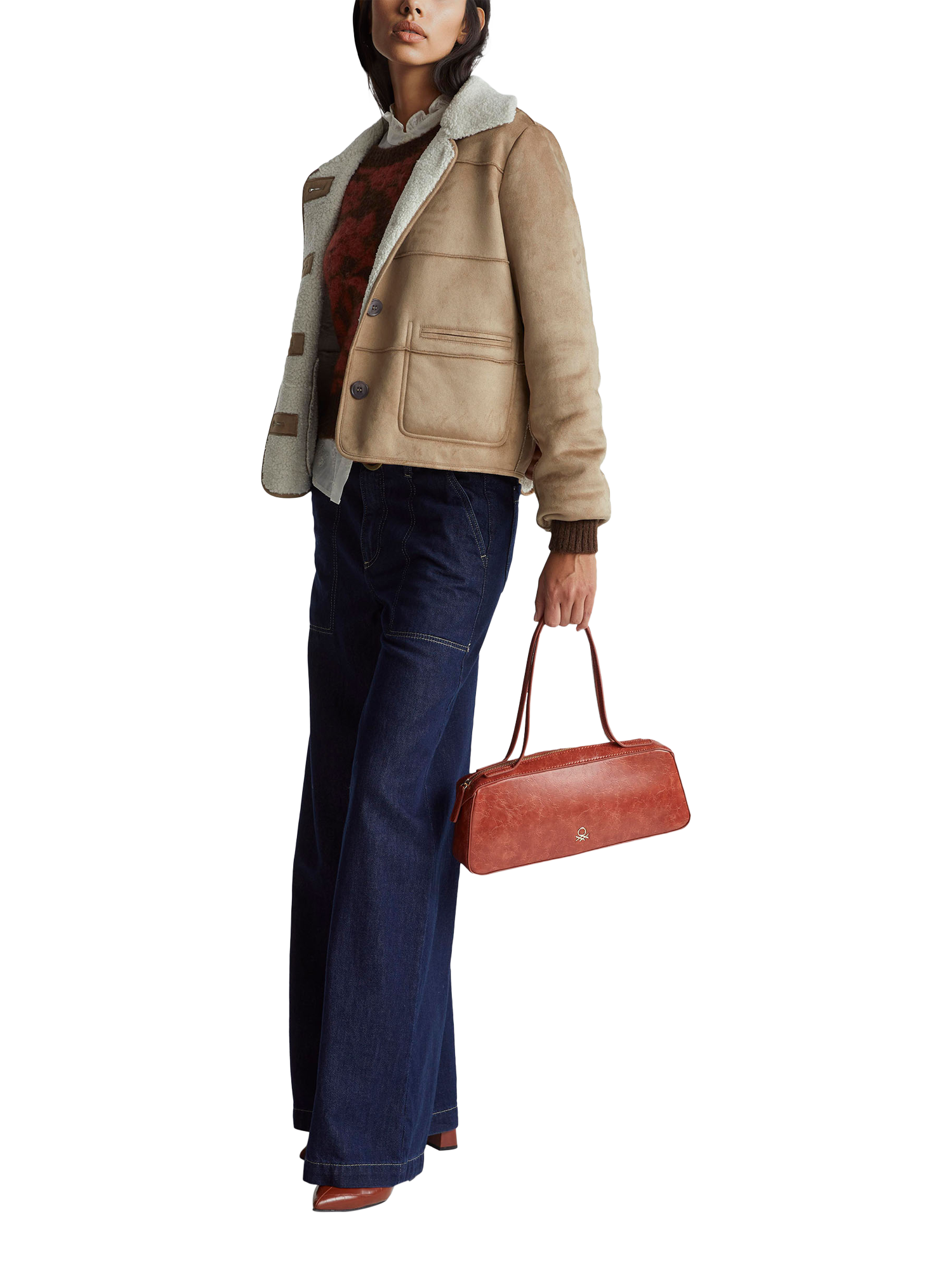 Product image 3 of 6, which shows Benetton Faux Suede Biker Jacket, Beige, XS