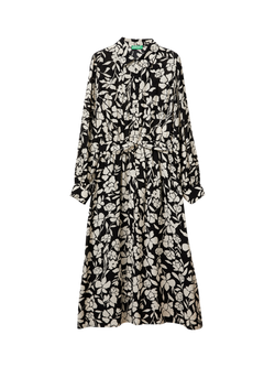 Benetton Floral Belted Shirt Dress, Black/White, Black/White