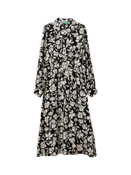 Benetton Floral Belted Shirt Dress, Black/White, Black/White
