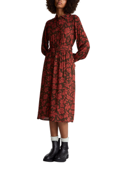 Benetton Floral Belted Shirt Dress, Red/Brown, Red/Brown