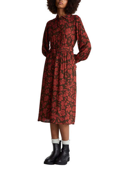 Benetton Floral Belted Shirt Dress, Red/Brown, Red/Brown