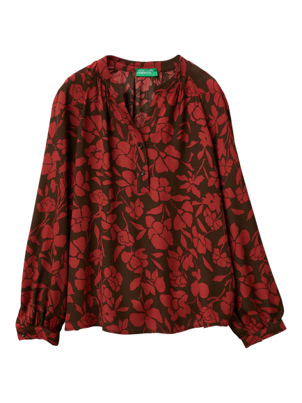 Benetton V-Neck Floral Long Sleeve Top, Red/Black, Red/Black