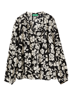 Benetton V-Neck Floral Long Sleeve Top, Black/White, Black/White